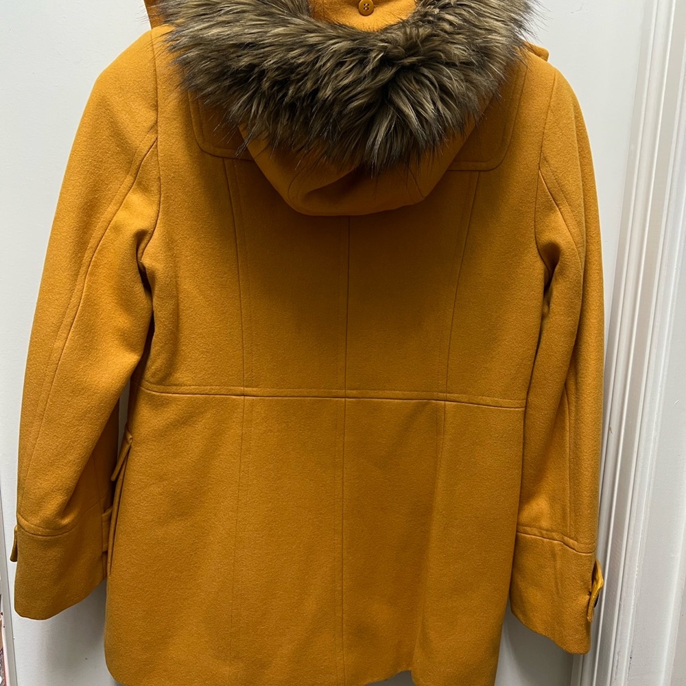 Calvin ￼Klein mustard color ￼wool blend hooded with fur pea coat toggle buttons - Picture 3 of 10